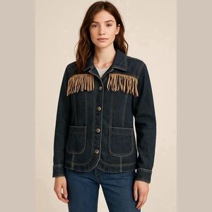 Women's Denim Embroidered Detail Fringe Button Jacket Size 1X Western Cowgirl